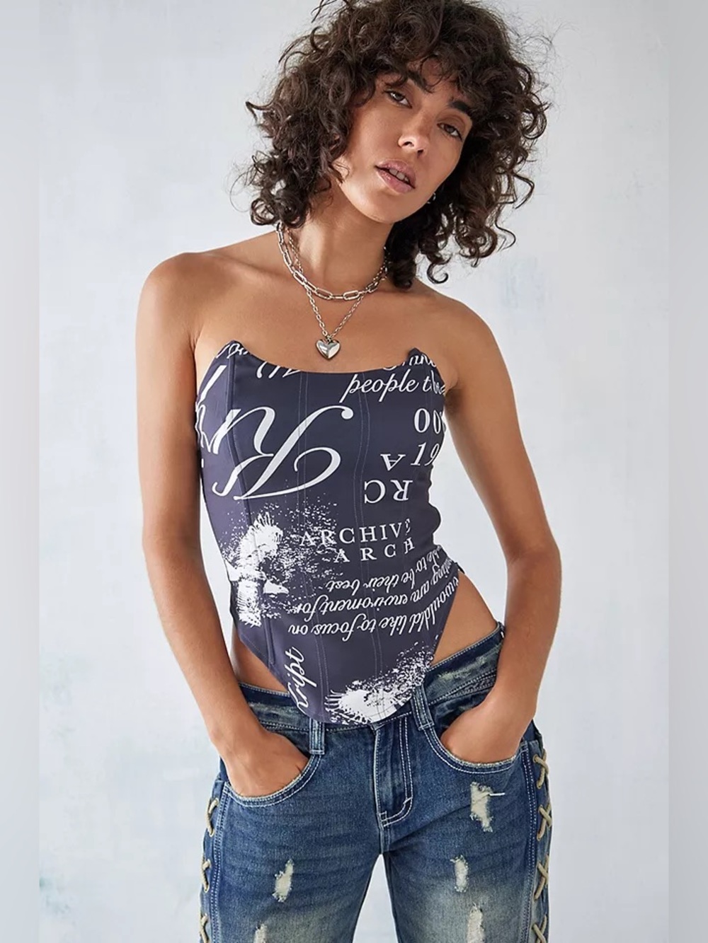 THE KRIPT Strapless Corset Top Navy White Archival Text Print XS Y2K